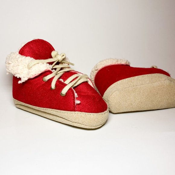 Baby Booties 6 months + from France Red Beige Sherpa - Picture 2 of 3